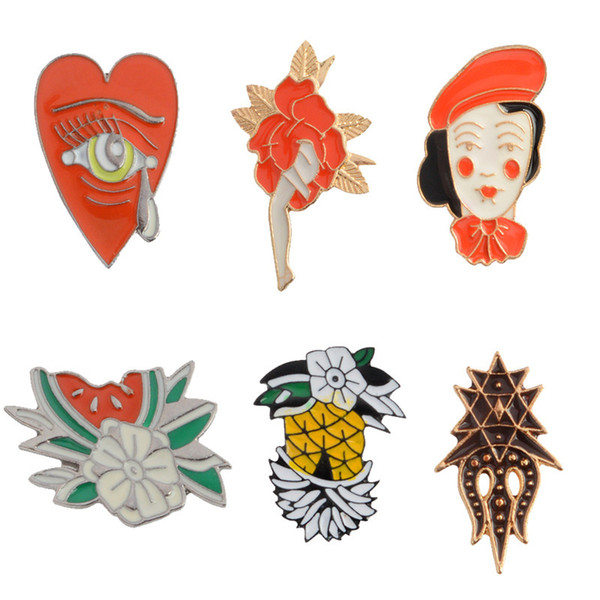 Pineapple Watermelon Red Hat Girl Brooch Flower Eye Alloy Badges for Backpack Hard Enamel Pin Collection Jewelry Bag Jean Denim Accessory