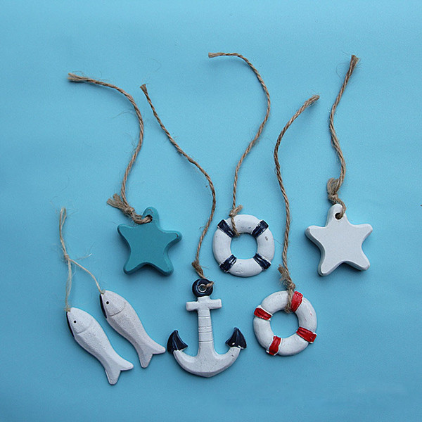 Wooden Anchor Ornament Mini Wall hanging decoration Mediterranean Style resin 5CM Nautical life buoy ship Star Fish Shop pendant Gift