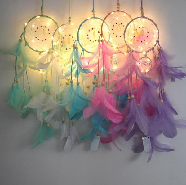 Dream Catcher Feather Hand Made Dreamcatcher With String Light Home Bedside Wall Hanging Decoration Novelty Items CCA10388 30pcs