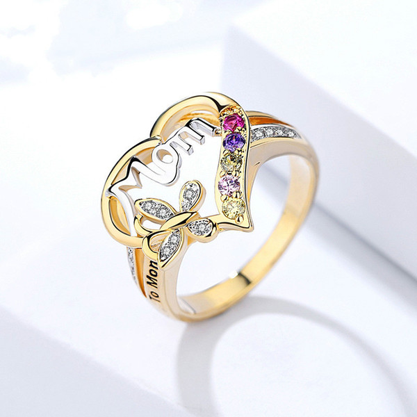 MOM Loving Mother's Ring Mother's Day Gift Crystal Ring Party Elegant Luxury Jewelry Finger Ring High Quality Simulation Gold Accessory