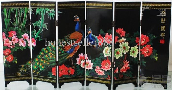 CHINESE HANDWORK PAINTING PEAFOWL FLOWER LACQUER SCREEN