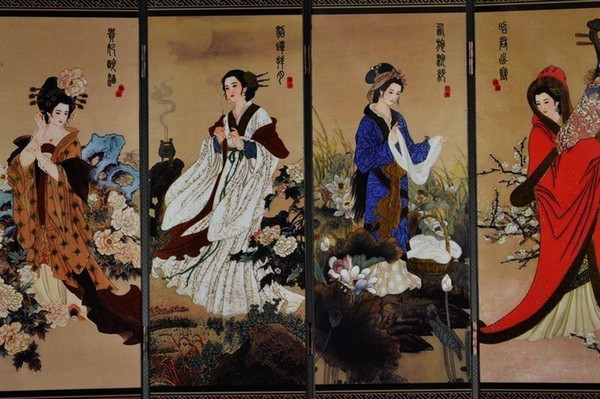 Collectibles Traditional Chinese lacquer painting four noble beauty of the screen