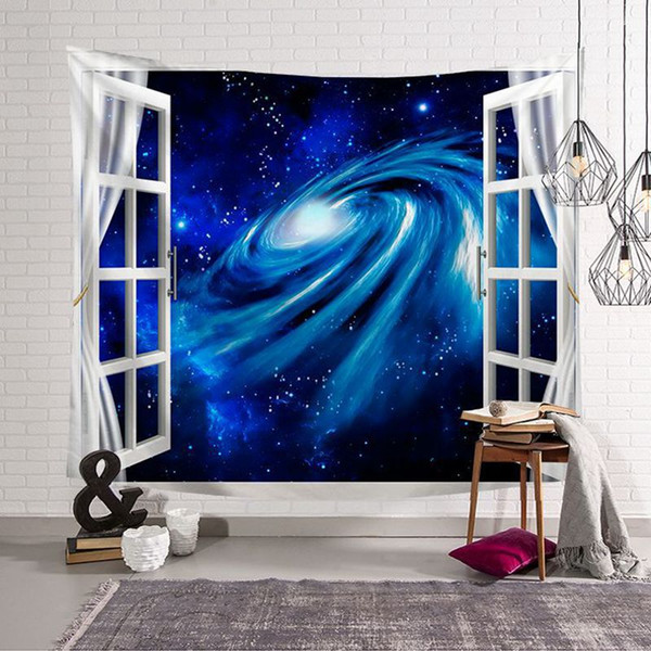 3d window tapestry blue space wall hanging cloth universe tenture mural decorative planet blanket carpet modern dorm decor