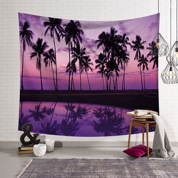 Purple Sky Wall Hanging Tapestry Home Decor Fabric Palm Trees Tapestries Sheets Beach