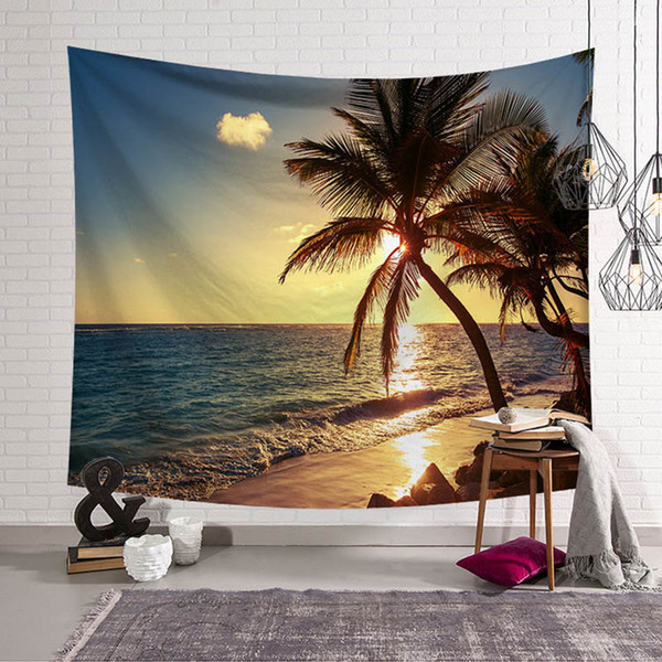 Seaside Tapestry Wall Hanging Palm Tree Sunset Landscape Blanket Sand Free Beach Towel Boho Wall Decor