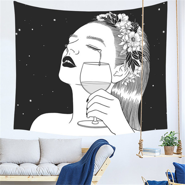 Home Decorative Black and White Girl Pop Art Abstract Surrealism Illustration Polyester Wall Tapestry Beach Towel Sofa Wall Decor