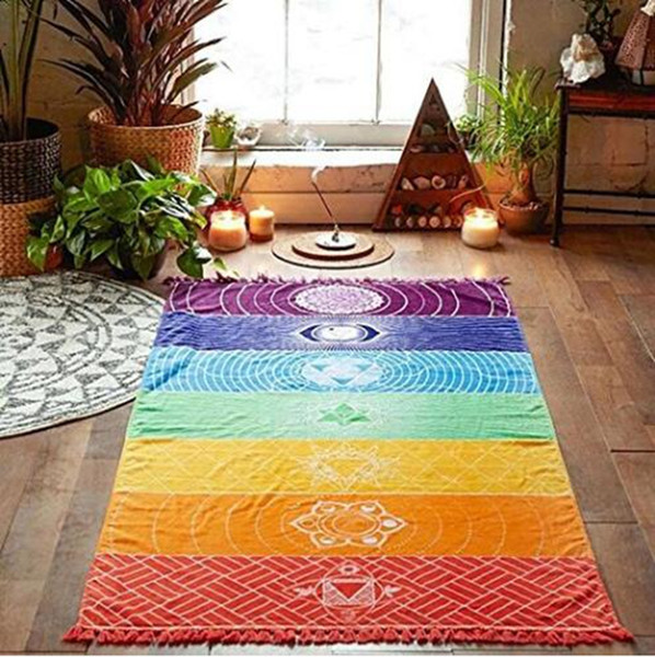 Rainbow Chakra Tapestry Towel Sunscreen Polyester Beach Shawl Boho Beach Towel with Tassel Rectangle Yoga Mat 150*75CM YW341