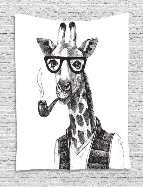 Quirky Tapestry Giraffe Smoking Pipe Dressed Up Fancy Zoo Animal Fun Hipster Style Drawing Wall Hanging for Bedroom Dorm