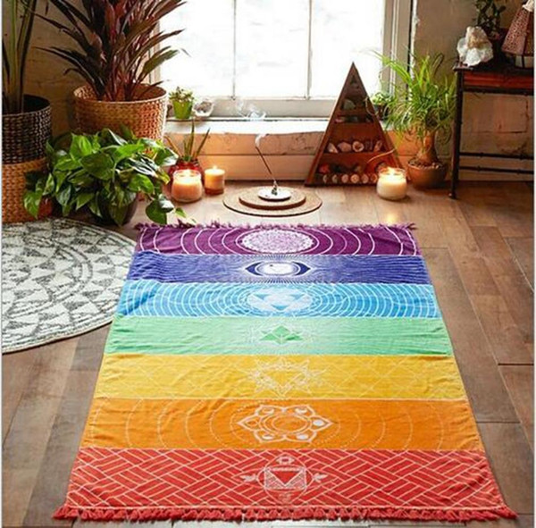 Rainbow Beach Towel 150*70cm Tapestry Boho Polyester Beach Throw with Tassel Rectangle Yoga Mat Wall Hanging Large Shawls D0180