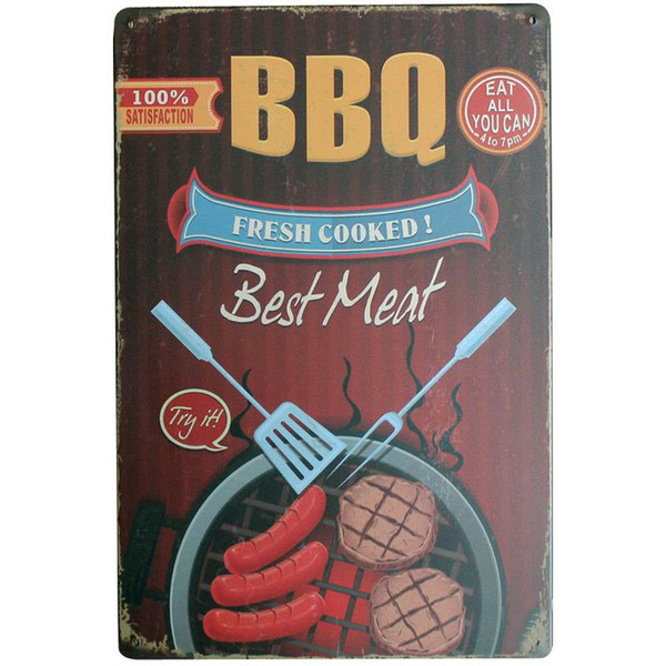 BBQ FRESH COOKED Best Meat Metal Decor Sign Vintage Food Board for port beef sausage barbecue outdoor party LJ7-15 20x30cm A1