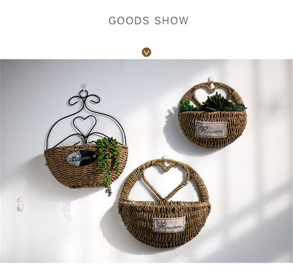 2018 vintage flower Storage Holders Creative Potted plants House Decor Wall hanging Straw Weave flower basket Wall Decoration 2017 wholesale