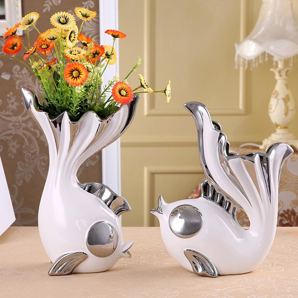 2Piece/set Creative Fish Shape Design Flower Vase Home Decorative Ceramic Vase Furnishing for Dining Living Room Craft Ornament