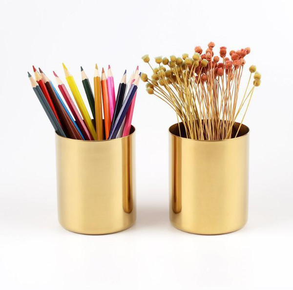 400ml Nordic style brass gold vase Stainless Steel Cylinder Pen Holder for Stand Multi Use Pencil Pot Holder Cup contain