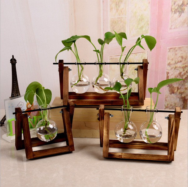 New Flowers Vase Plant Transparent Glass Vase with Wooden Frame for Tabletop Plant Home Decor Living Room Decoration 9styles