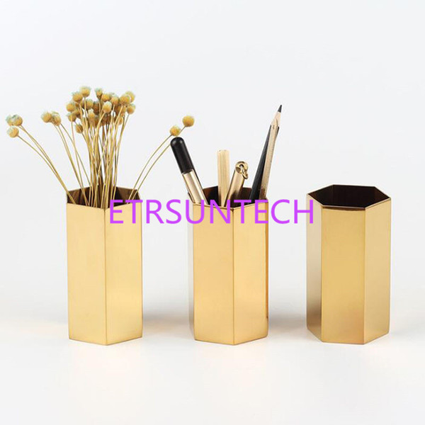 Nordic Hexagonal Stainless Steel Gold Vase Fashion Metal Flower Vase Room Study Hallway Home Wedding Decoration QW8094