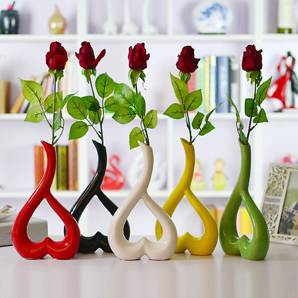 Creative 3D Heart Shape Wedding Decoration Flower Vase Ornament Floral Plant Ceramic Vases Container Home Decor Accessories