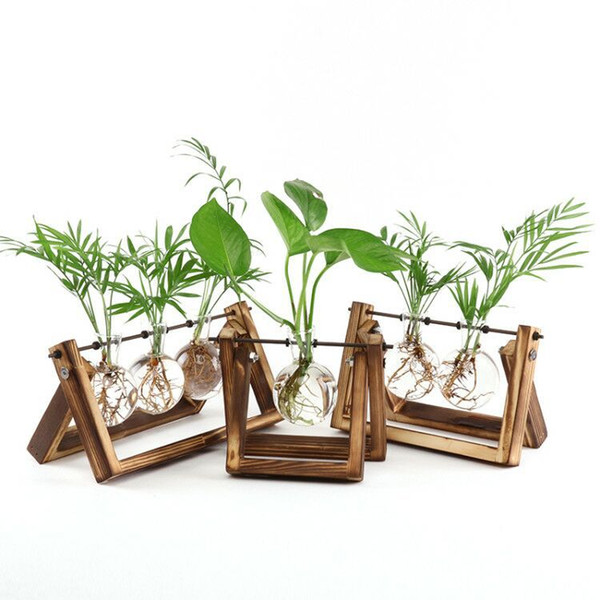 2018 Creative Wooden Stand Glass Terrarium Container Hydroponics Planter Flower Pot Tabletop Vase DIY Home Office Wedding Decor