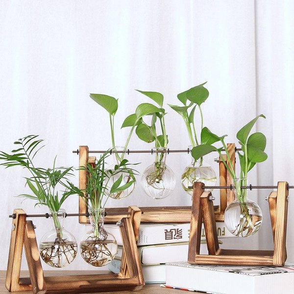 New Transparent Glass Hydroponic Plant Vase with Wooden Frame for Home Desktop Decor Free Shipping W9808