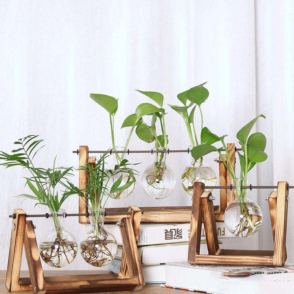 New Transparent Glass Hydroponic Plant Vase with Wooden Frame for Home Desktop Decor Free Shipping