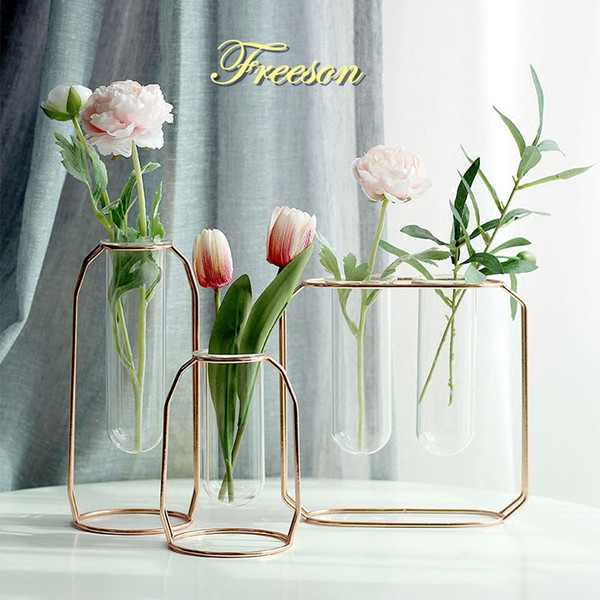 Nordic Glass Cuvette Vase Modern Gold Plated Iron Flower Vase Fashion Plant Creative Terrarium Room Home Wedding Decoration