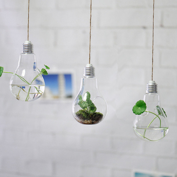 3 Style Transparent Glass Hanging Bulb Vase for Wedding / 8*14cm Flower Plant Pot Planter Home Decor Creative Gift for Decoration, Rope FREE