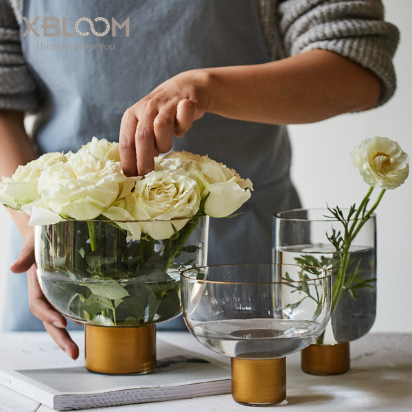 Simple style art golden transparent glass vase flower pot fruit plate home table flower arrangement wedding decor water culture