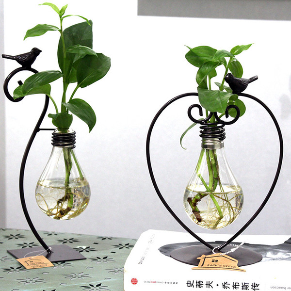 2 Types Modern Style Glass Tabletop Plant Bonsai Flower Wedding Decorative Vase With Metal Tray Home Decoration Accessories