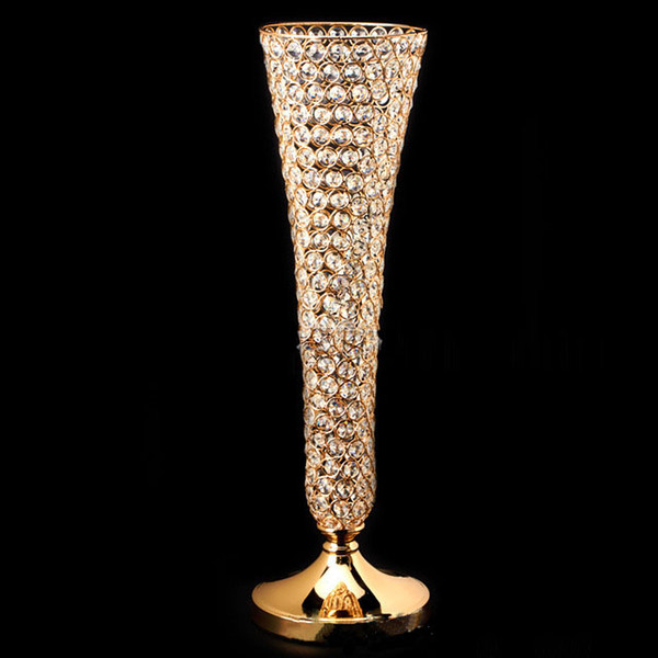 Real Crystal Beaded Metel Trumpet Flower Stands Silver Gold Vases for wedding Centerpiece Table Decortion