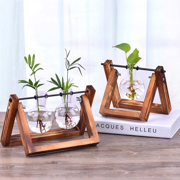 Terrarium Creative Hydroponic Plant Transparent Vase Wooden Frame Vase Decoratio Glass Tabletop Plant Bonsai Decor Flower Vase 6 Style