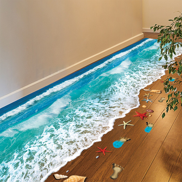 Romantic Sea Beach Floor Sticker 3D Simulation Beach Home Decor Decal for Decoration Bathroom Bedroom Living Room Backdrop Wall Sticker