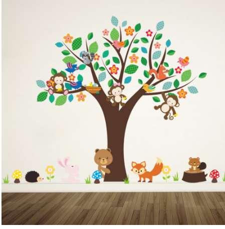 forest animals monkey play under flower tree wall sticker for kids baby nursery children room decorations decor home decal