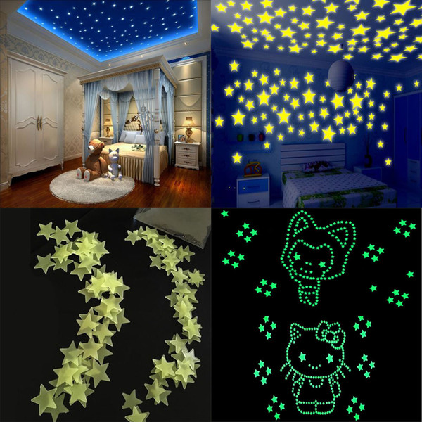 Fashion Colorful Environmental Stars Luminous Fluorescent Wall Stickers Decal Glow In The Dark Baby Kids Bedroom Home Decor 100pcs/Set