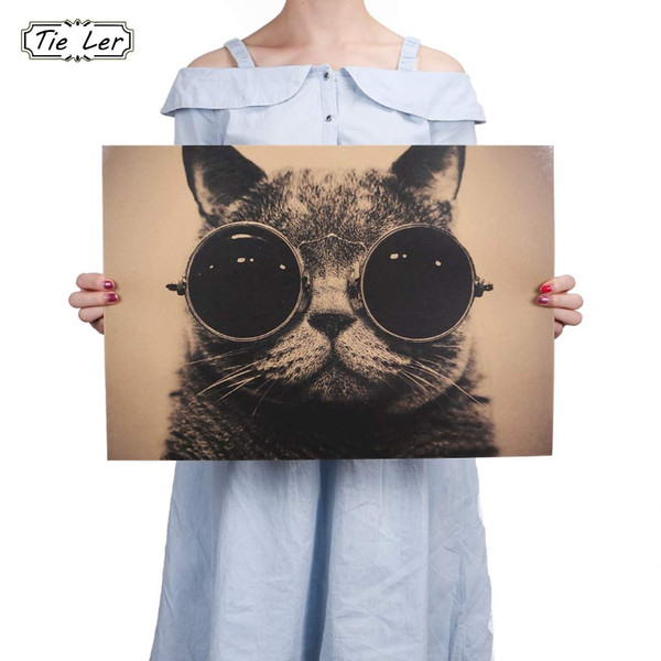 TIE LER Cool Handsome Cat Sunglasses Rock Animal Kraft Paper Bar Poster Retro Poster Decorative Painting Wall Sticker