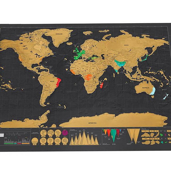 New Design Black Deluxe Scratch Map Travel Scratch Off World Map Best Gift for Education School 42x30cm With Retail Barrel DHL Free Shipping