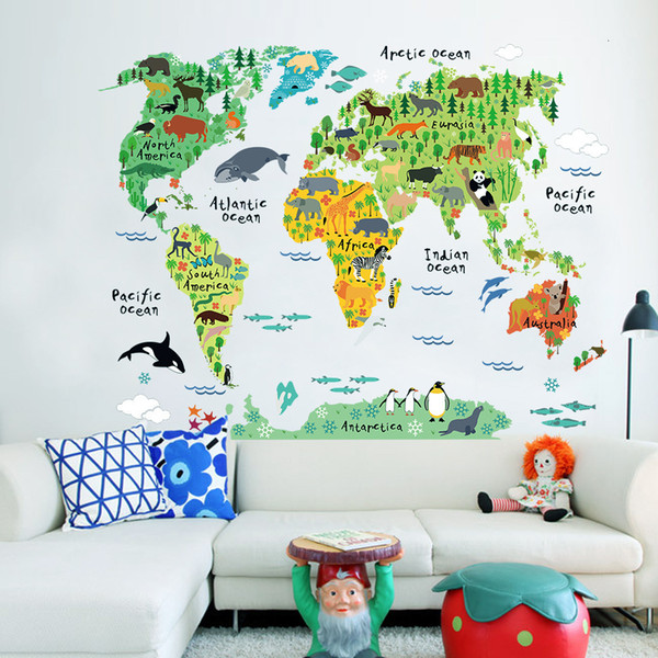 World Map of Animals Living Room Bedroom Background Wall Sticker Waterproof Removable Stickers