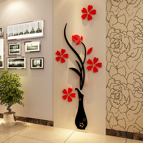 Wall Stickers Acrylic 3D Plum Flower Vase Stickers Vinyl Art DIY Home Decor Wall Decal Red Floral Wall Sticker Colors