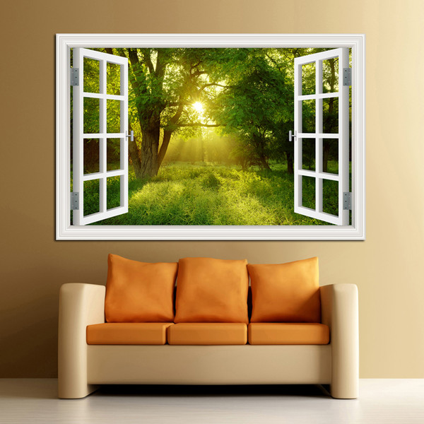 3D Window View Forest Landscape in Four Seasons 3D Wall Sticker Green Golden Tree Removable Wallpaper Home Decal Home Decor