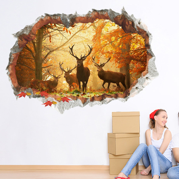 3D Broken Deer Elk Forest Wall Sticker Children Room Removable for Home Decoration TV Background Decals Art Stickers