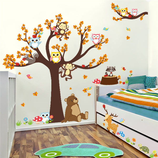 Forest Tree Branch leaf Animal Cartoon Owl Monkey Bear Deer Wall Stickers For Kids Rooms Boys Girls Children Bedroom Home Decor