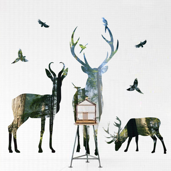 Forest Animal Deer Elk Bird Art Wall Sticker Woods Tree Wall Stickers Decal For Bedroom Living Room Home Decoration