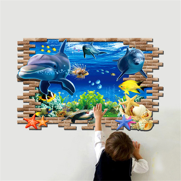 70*100 CM PVC Removable Vivid 3D Dolphin Decorative Wall Stickers Wall Art for Sale Free Shipping