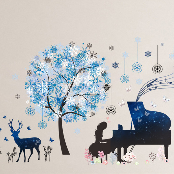 Piano Girls Fawn Blue Snowflake Tree DIY Random Combination Wall Stickers Bedroom Living Room Removable Home Decoration Sticker