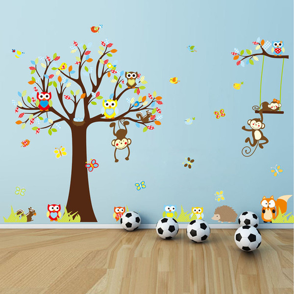 234*150cm Forest Cute Animal Monkeys Playing On Trees Owls Wall Sticker wall Decal diy for Kids Room home decor kids gift