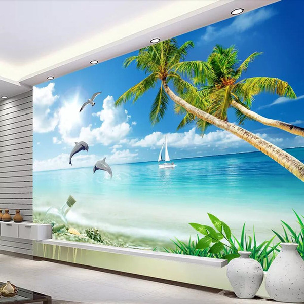 Blue sky and white clouds coconut tree seascape wallpaper wallpaper living room sofa TV background wall painting 3D stereo beach dolphin