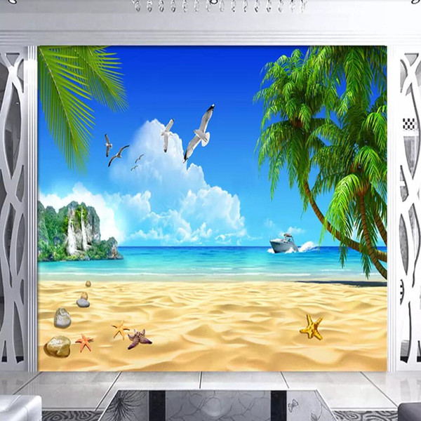 TV background wall paper living room seamless mural 3d background wall cloth seascape landscape blue sky white sea wall cloth