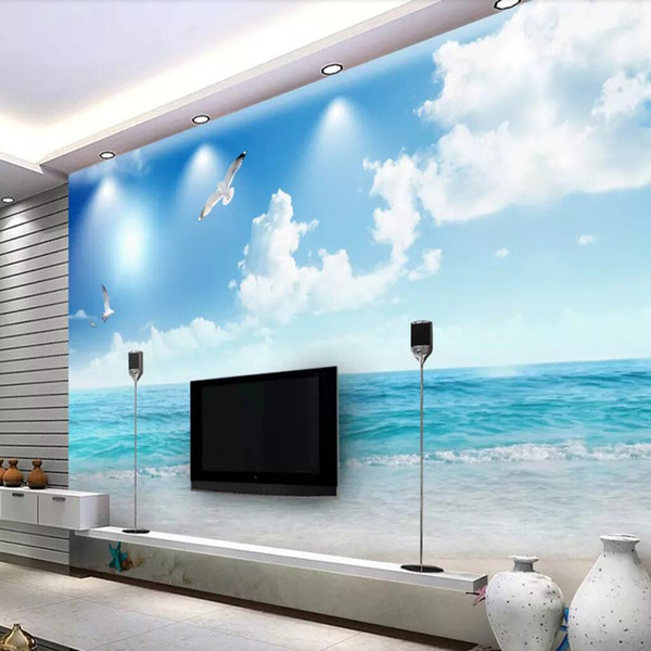 3D TV background wall blue sky white clouds beautiful beach seascape TV background wall large mural wallpaper