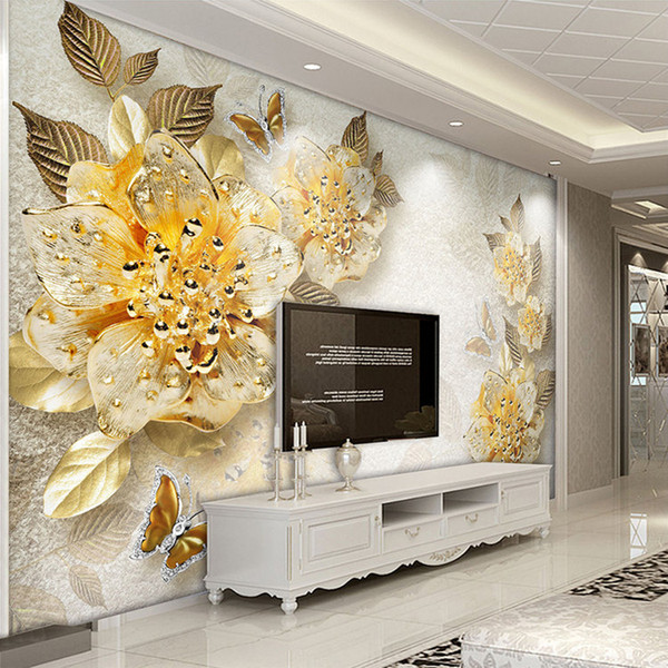 Arkadi Custom Photo Mural Wallpaper Golden Flowers Diamond Jewelry Background Wall Murals Modern European Style Living Room Decoration