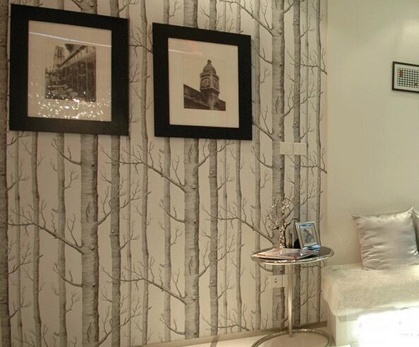 Hot Birch Tree pattern non-woven woods wallpaper roll modern designer wallcovering simple black and white wallpaper for living room