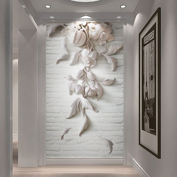 Custom Photo Wall Paper European Style 3D Embossed White Flower Art Mural Wall Painting For Living Room Entrance Wall Home Decor