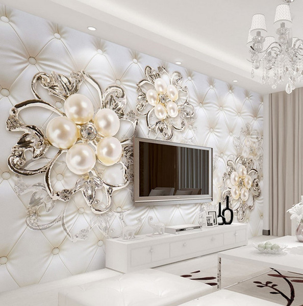 Large 3d European Pearl and Rose Jewelry TV Background Wallpaper Living Room Wallpaper Full Seamless Mural